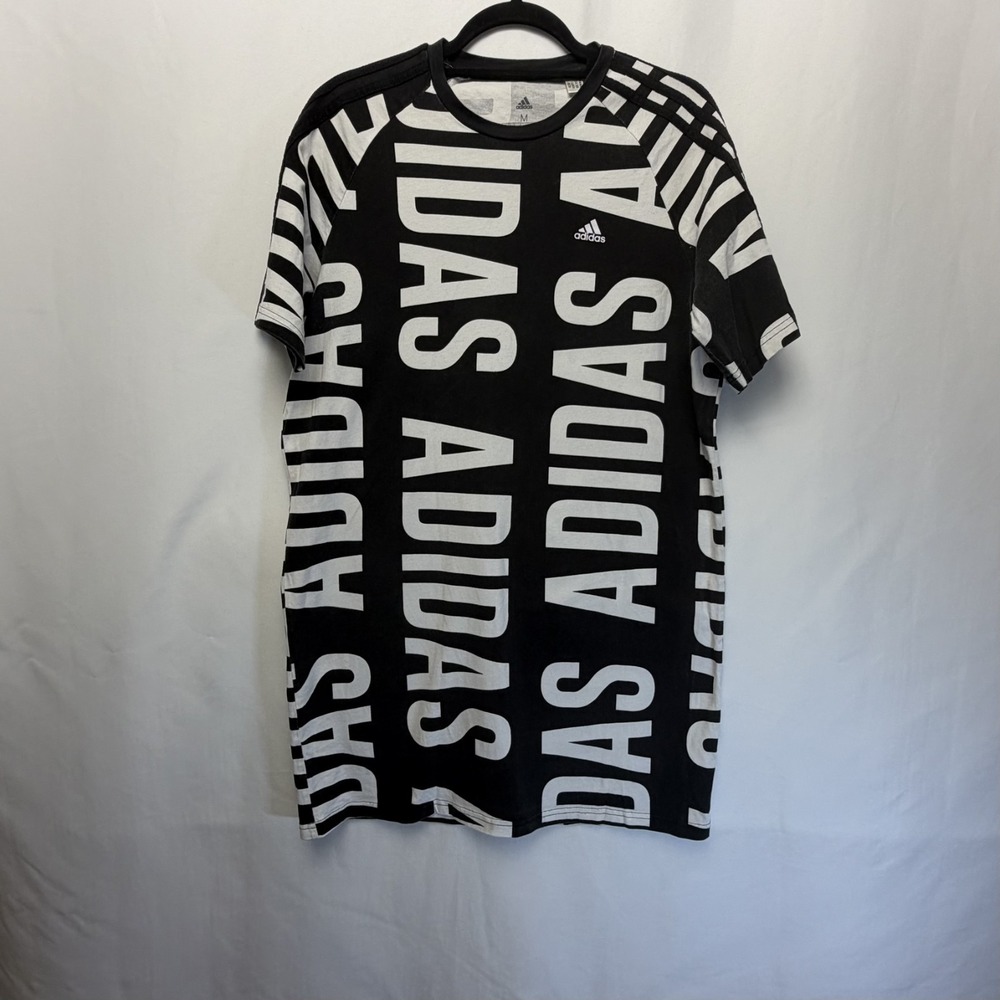 Adidas Women Black White All Over Print Logo T-Shirt Dress HC9267 Medium